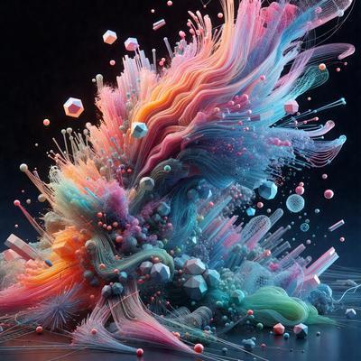 The primary subject of the image is a colorful, abstract artwork featuring a mix of bright colors and intricate patterns. The setting is a dark background, which contrasts with the vibrant colors of the artwork. The visual style is a combination of digital art and illustration, creating a unique and eye-catching piece. The dominant colors and overall atmosphere of the image are energetic, lively, and creative, reflecting the artistic expression and skill of the artist.